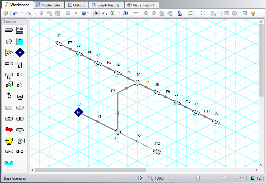 The Workspace with the Spray Discharge system on the isometric grid.